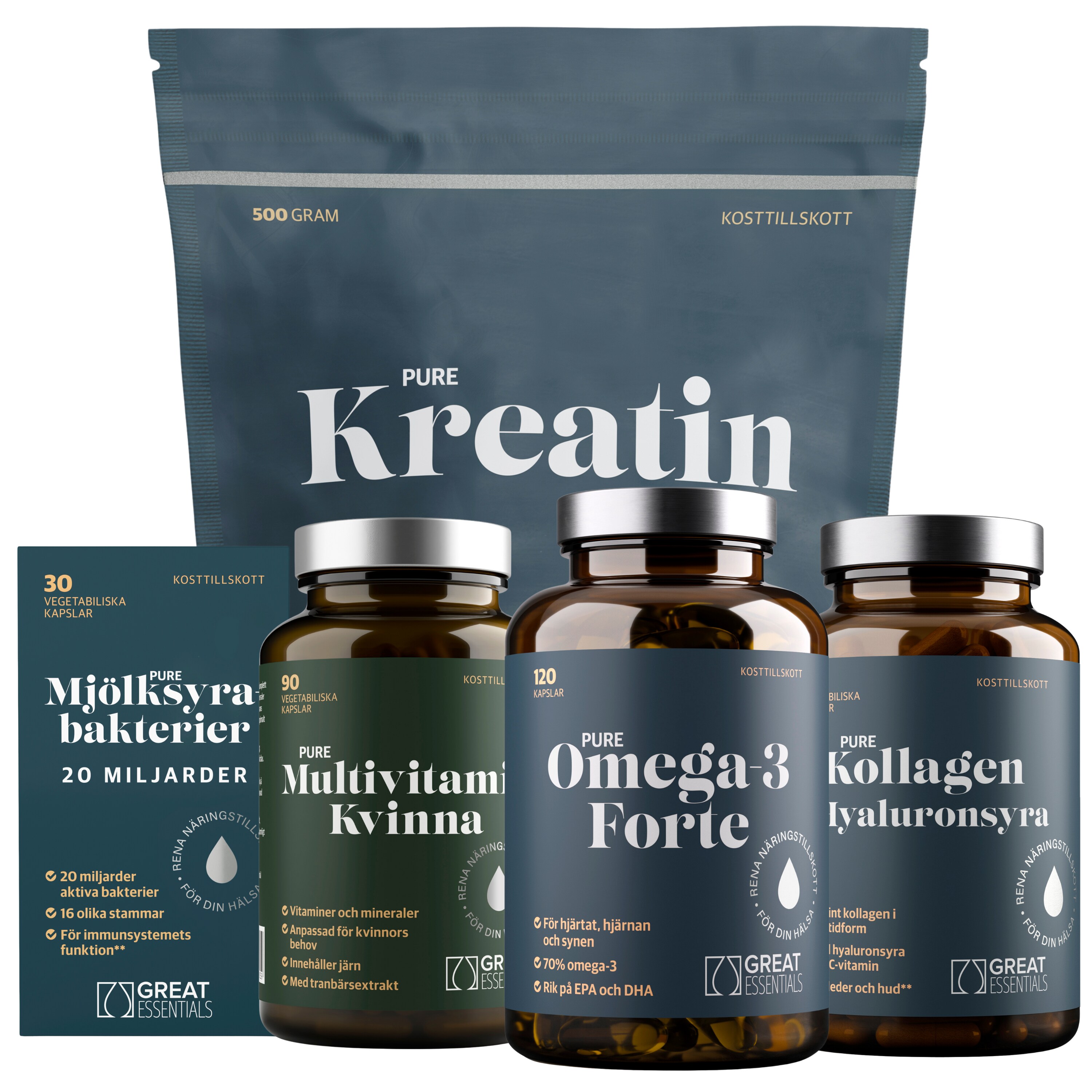 Woman Essentials Kit+ - Multivitamin, Kreatin, Omega-3, Kollagen & Mjölksyrabakterier